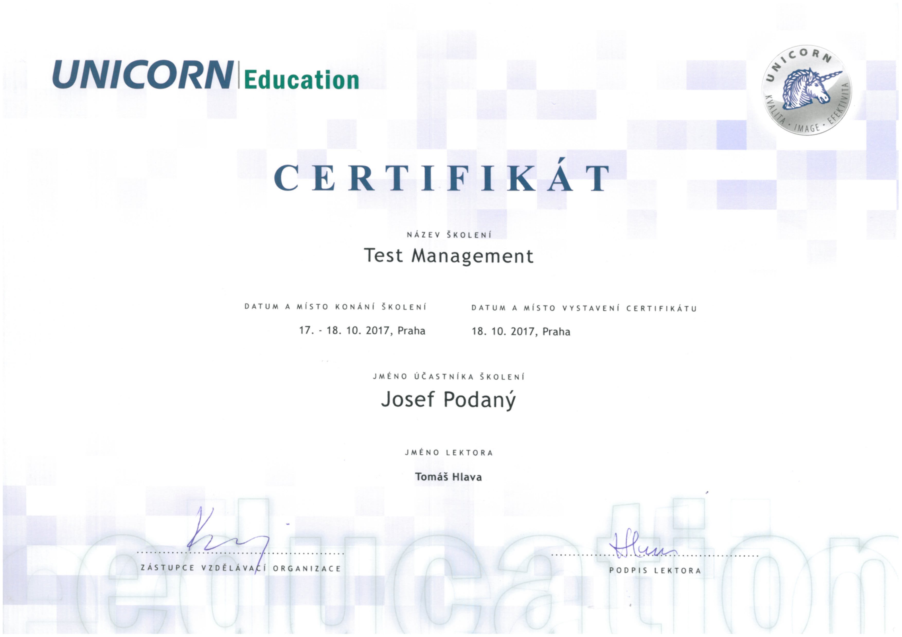 UNICORN Test Management Certifikat